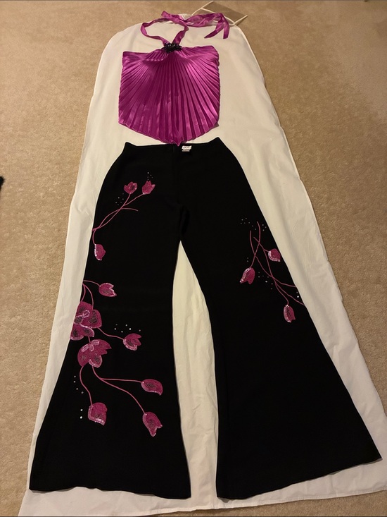 Cache Pants - Cache Black Wide-Leg Pants with Pink Floral Appliqué and open back top
